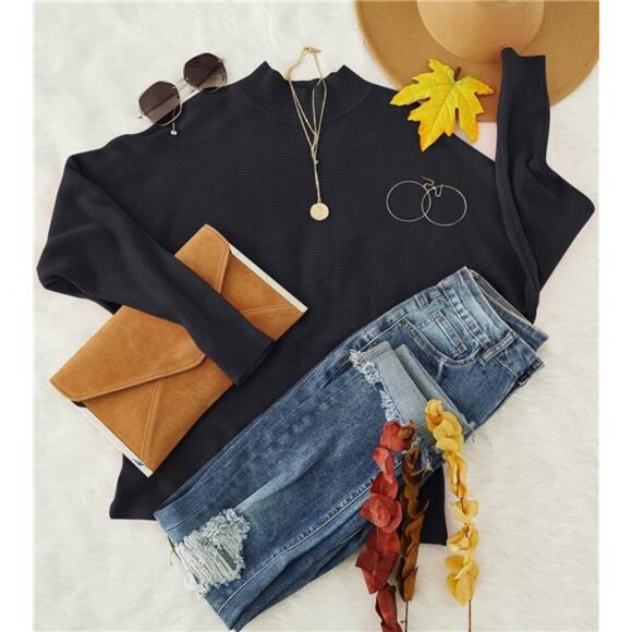 Women's  Fall Turtleneck Batwing Long Sleeve Ribbed Knit Pullover Sweater - Picture 6 of 7